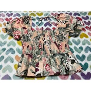 GUESS Floral Smocked Tie Back Peplum Top Blouse Short Sleeve Ladies